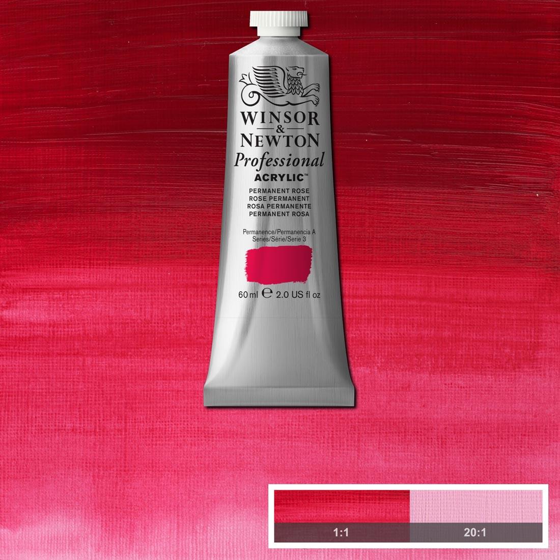 Tube of Permanent Rose Winsor and Newton Professional Acrylic with paint swatch in the background