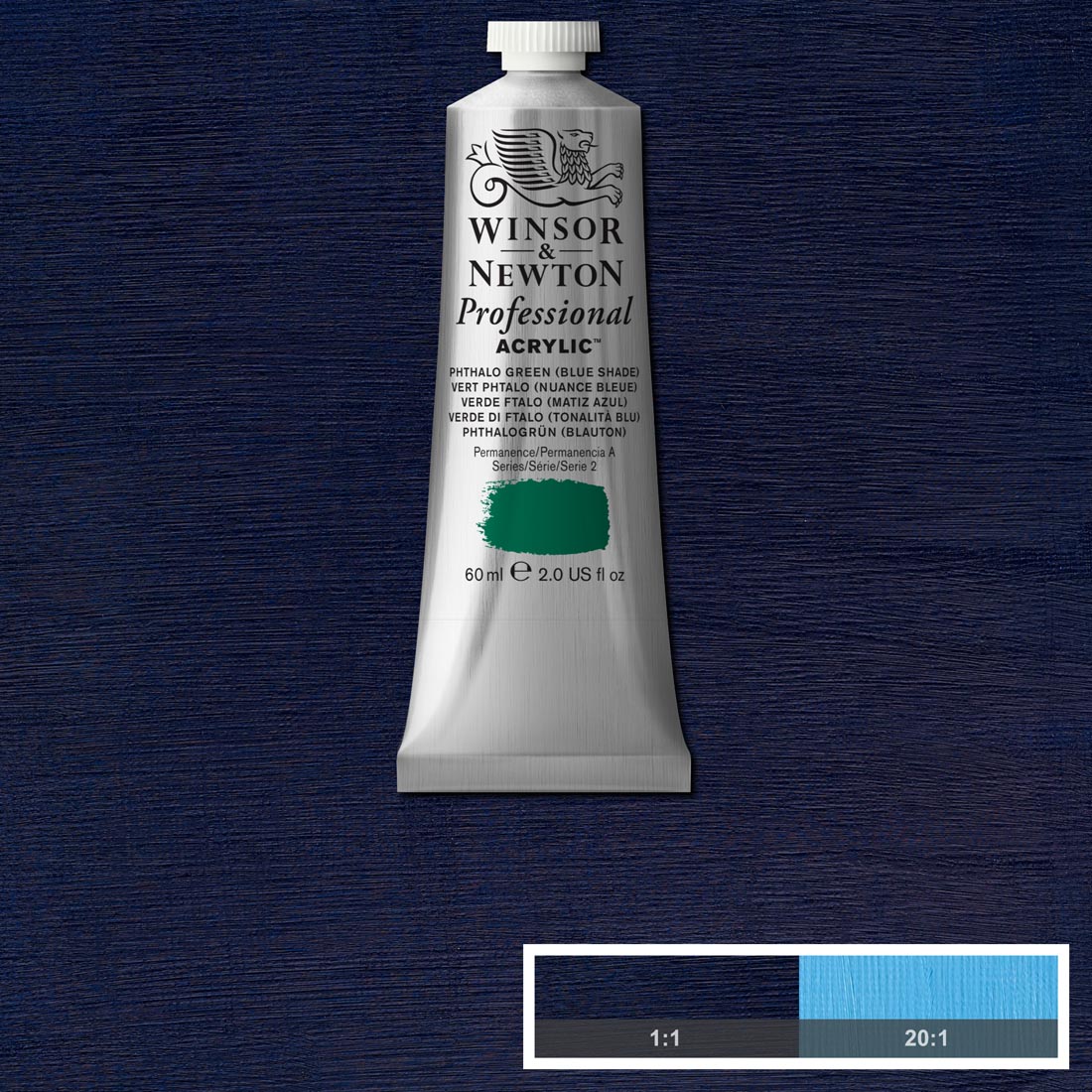 Tube of Phthalo Blue (Green Shade) Winsor and Newton Professional Acrylic with paint swatch in the background