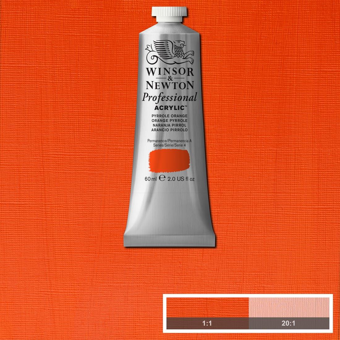 Tube of Pyrrole Orange Winsor and Newton Professional Acrylic with paint swatch in the background