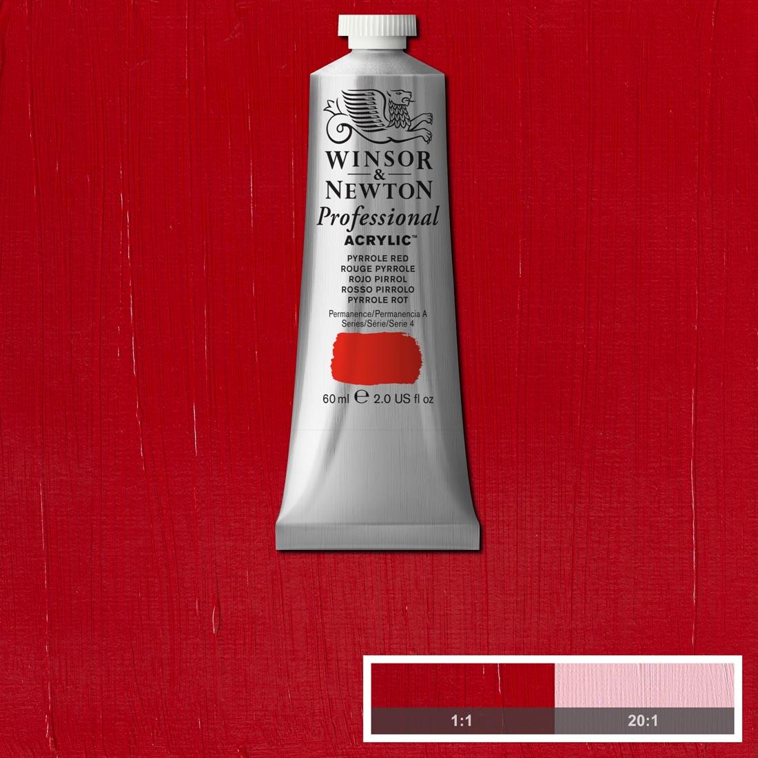 Tube of Pyrrole Red Winsor and Newton Professional Acrylic with paint swatch in the background