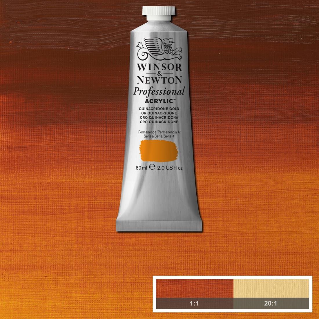 Tube of Quinacridone Gold Winsor and Newton Professional Acrylic with paint swatch in the background