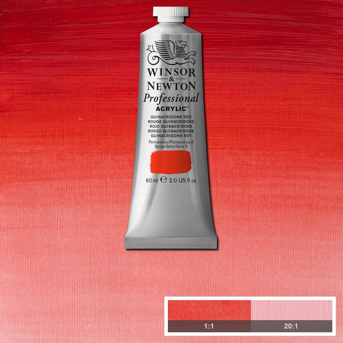 Tube of Quinacridone Red Winsor and Newton Professional Acrylic with paint swatch in the background