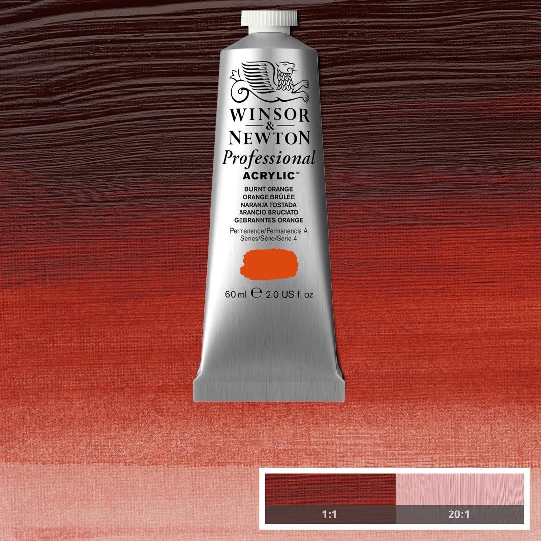 Tube of Burnt Orange Winsor and Newton Professional Acrylic with paint swatch in the background