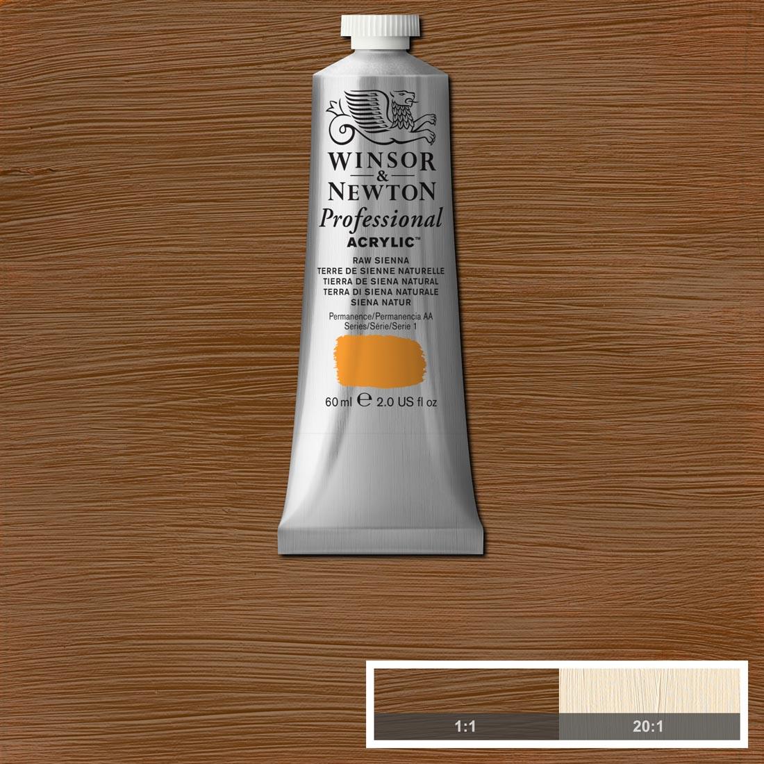 Tube of Raw Sienna Winsor and Newton Professional Acrylic with paint swatch in the background