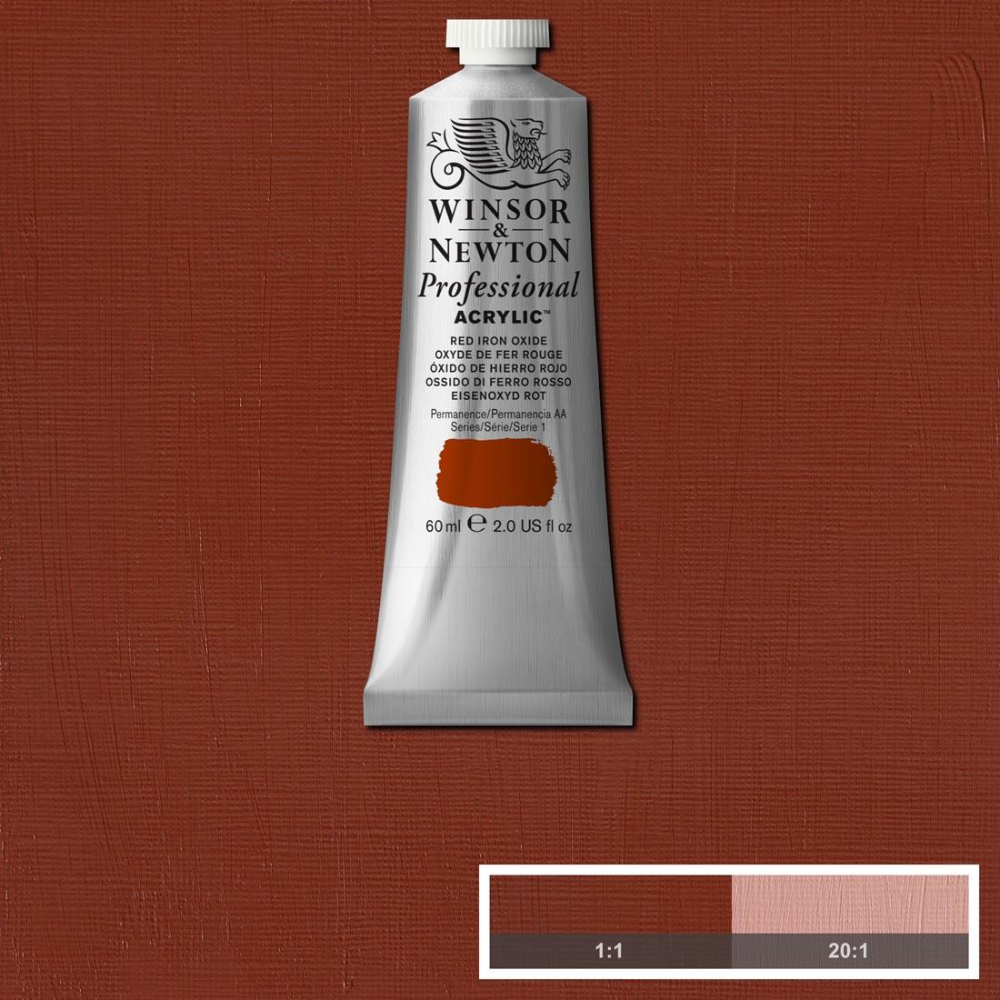 Tube of Red Iron Oxide Winsor and Newton Professional Acrylic with paint swatch in the background