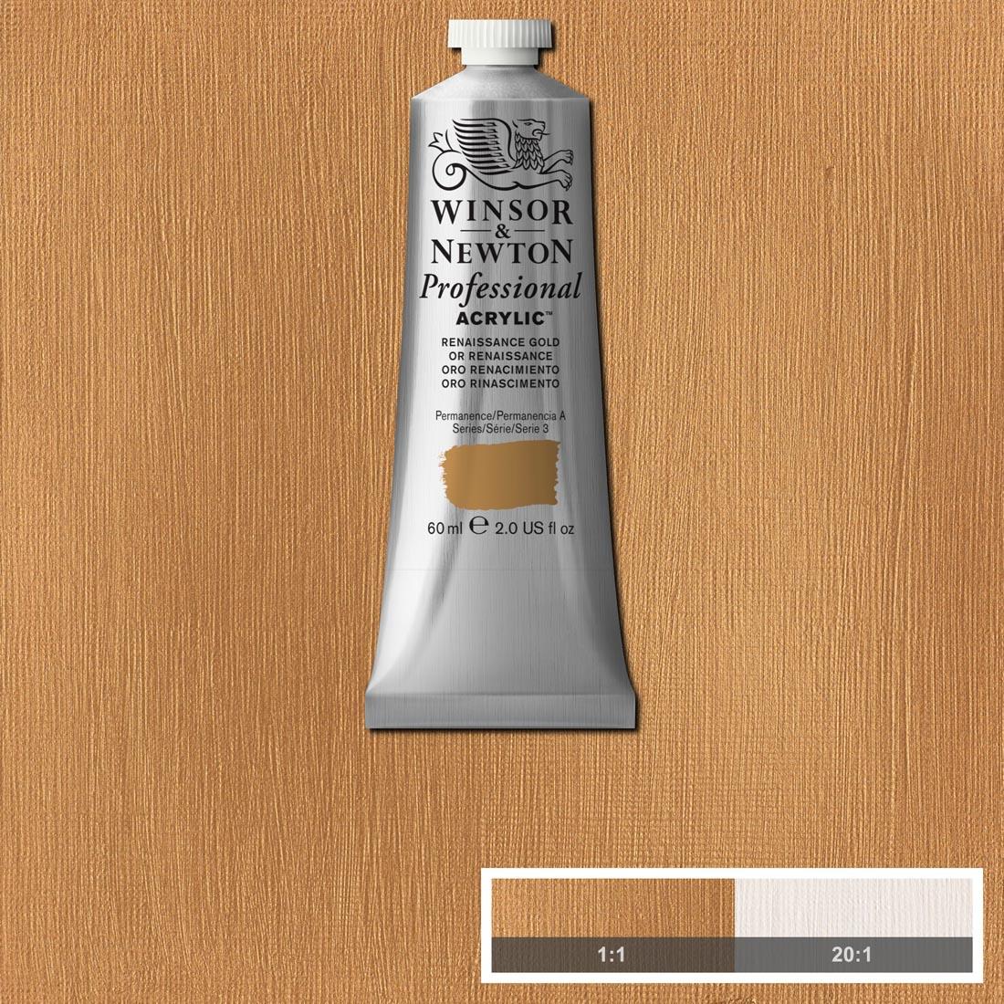 Tube of Renaissance Gold Winsor and Newton Professional Acrylic with paint swatch in the background