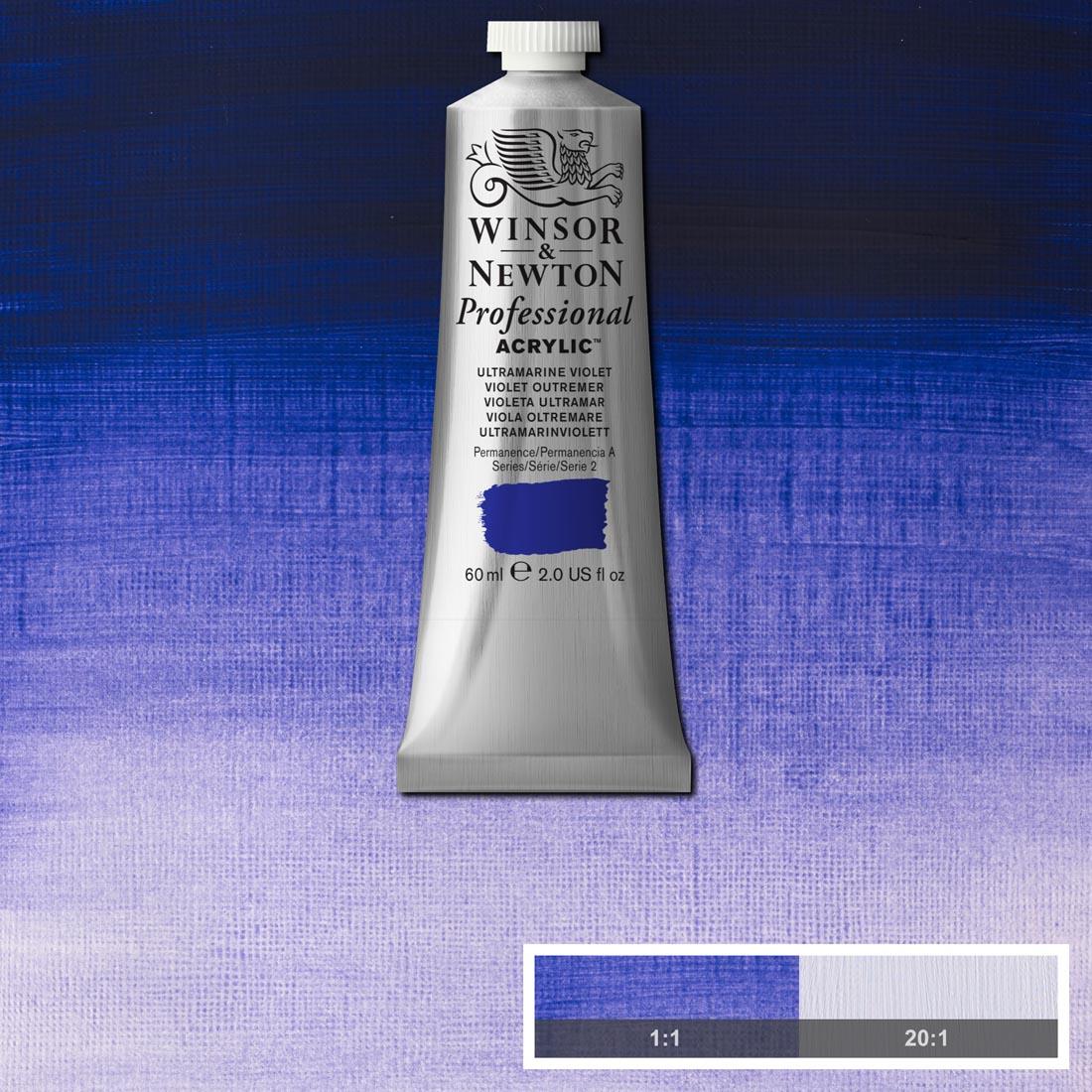 Tube of Ultramarine Violet Winsor and Newton Professional Acrylic with paint swatch in the background