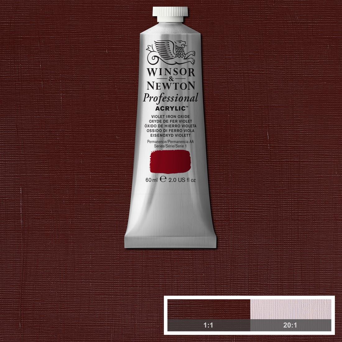 Tube of Violet Iron Oxide Winsor and Newton Professional Acrylic with paint swatch in the background
