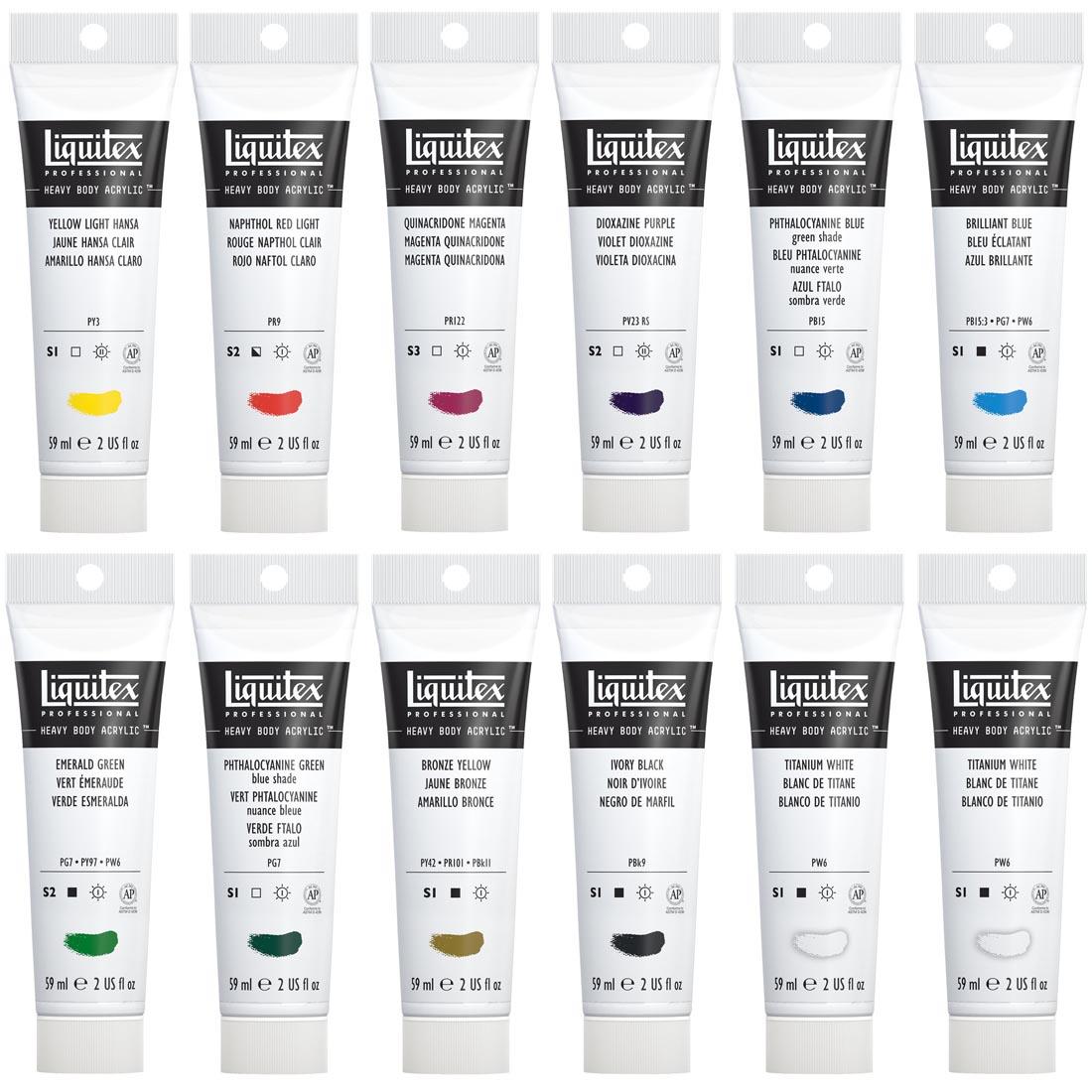 Tubes of Liquitex Heavy Body Professional Acrylic Artist Colors Classic 12 Set