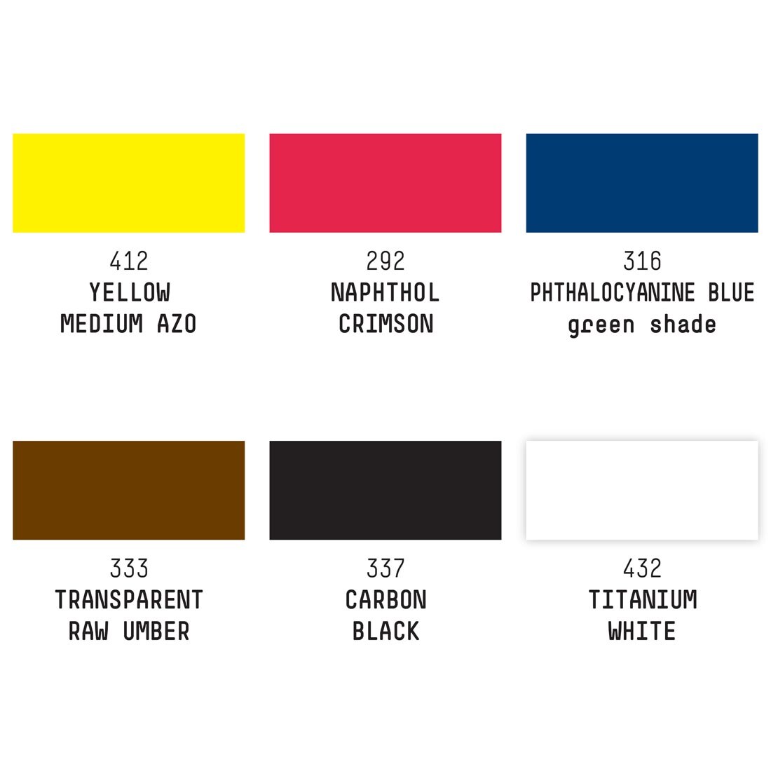 color swatches and names of colors found in Liquitex Acrylic Ink Essentials Set