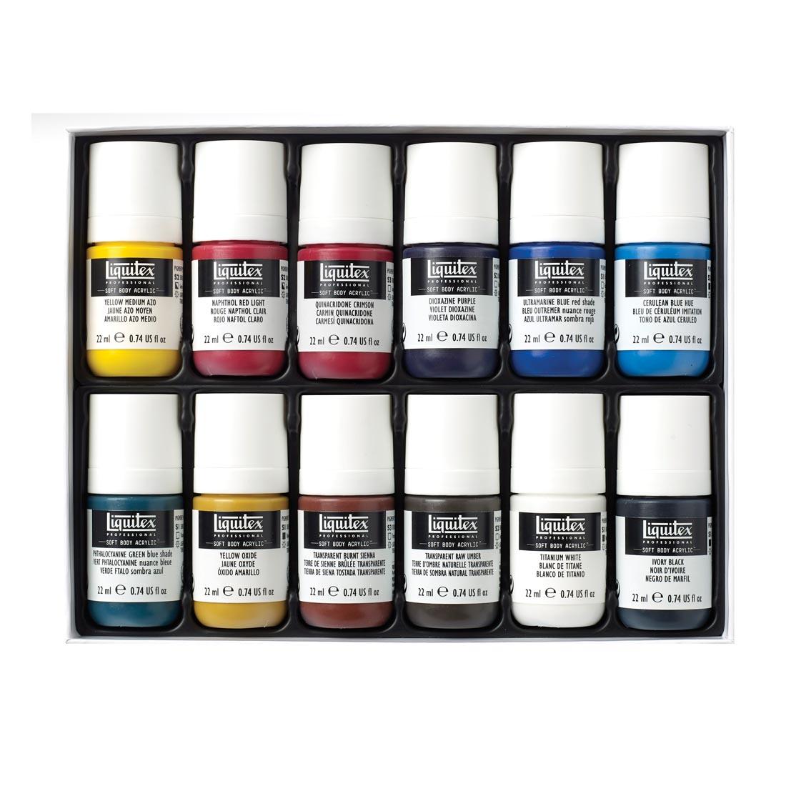Contents of Liquitex Soft Body Professional Acrylic Essentials Set, 12 jars