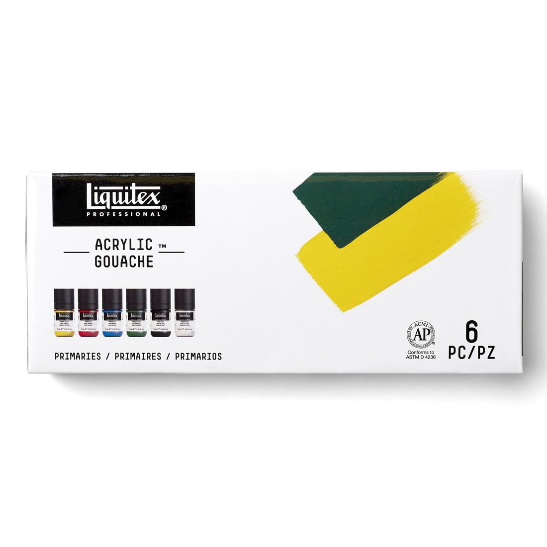 front of box of Liquitex Professional Acrylic Gouache Primaries 6-Color Set