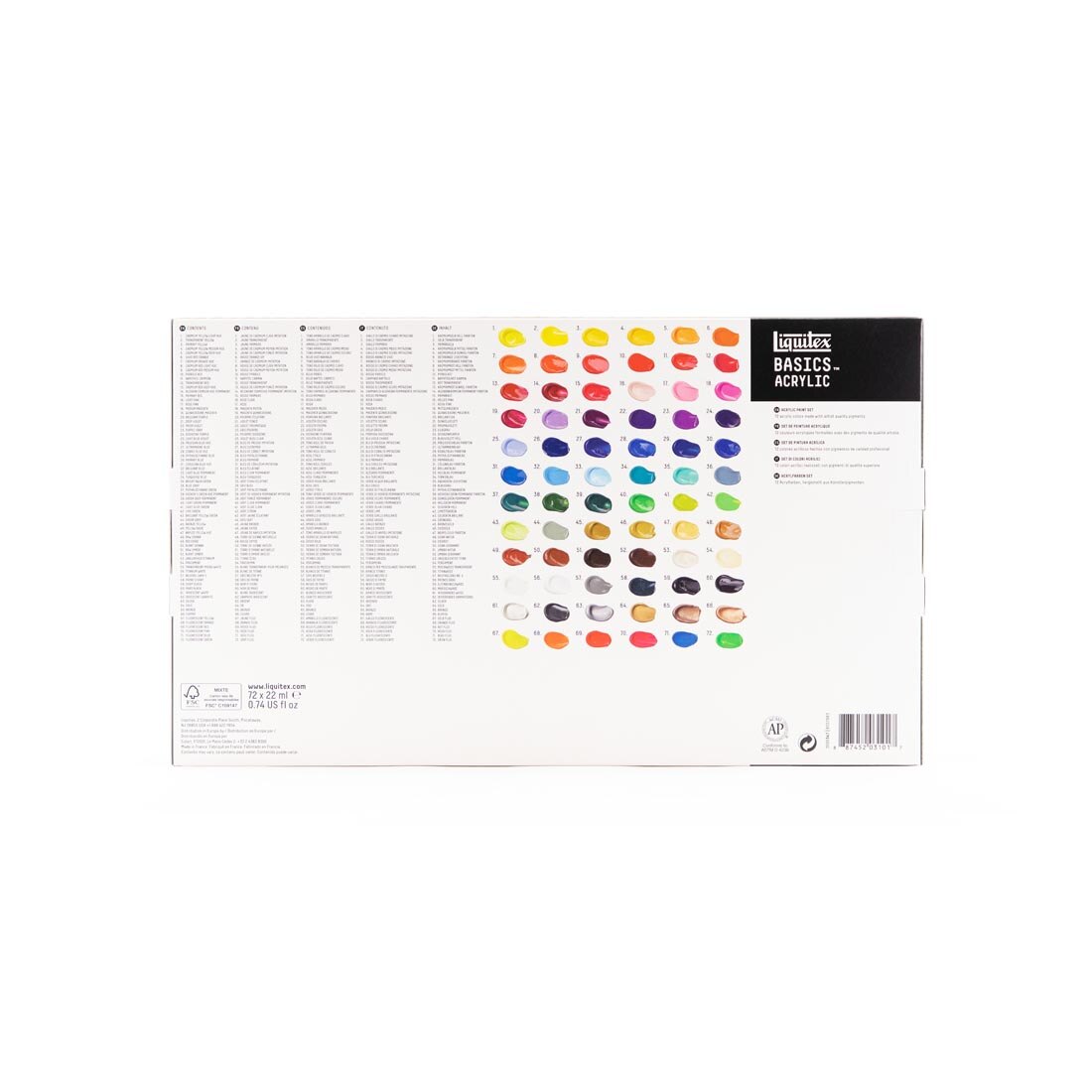 back of package of Liquitex Basics Acrylics 72-Color Set with color swatches