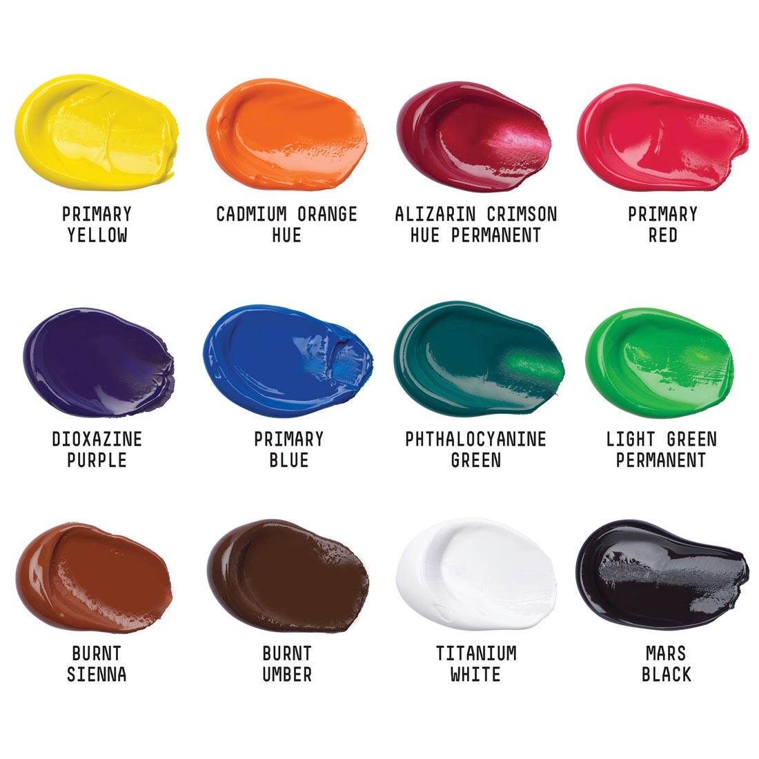 color swatches of Liquitex Basics Acrylics 12-Color 0.75 oz. Tube Set