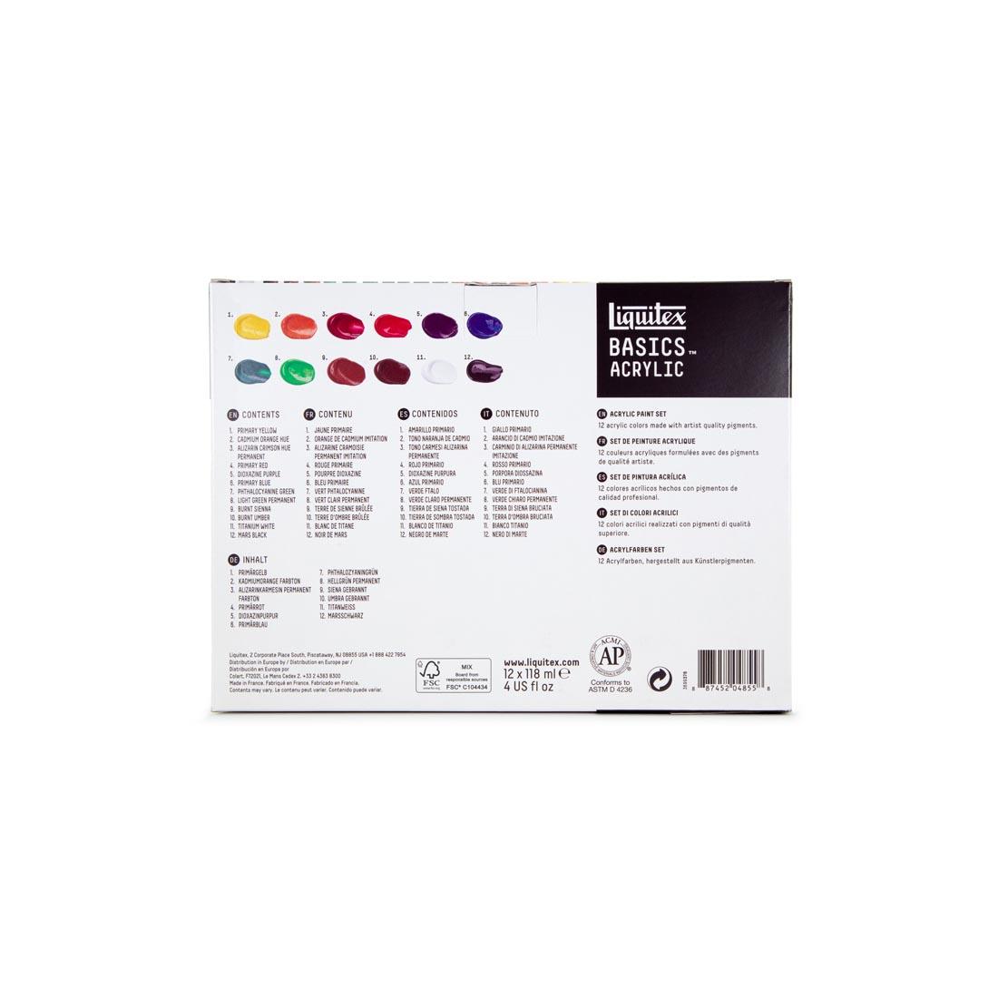 back of package of Liquitex Basics Acrylics 12-Color 4 oz. Tube Set