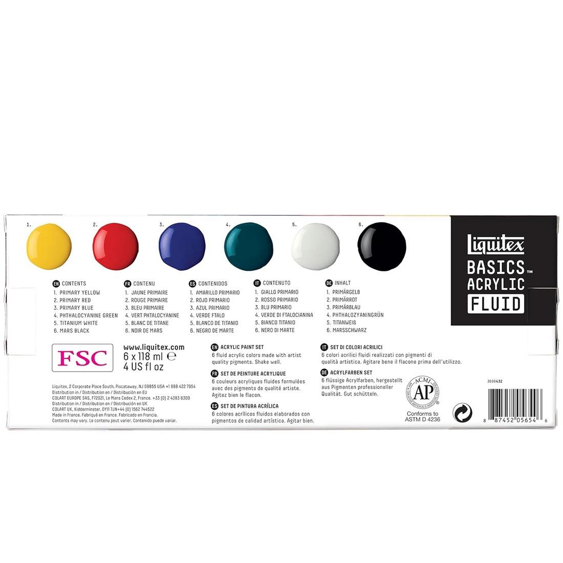 back of package of the Liquitex Basics Acrylic Fluid 6-Color Set