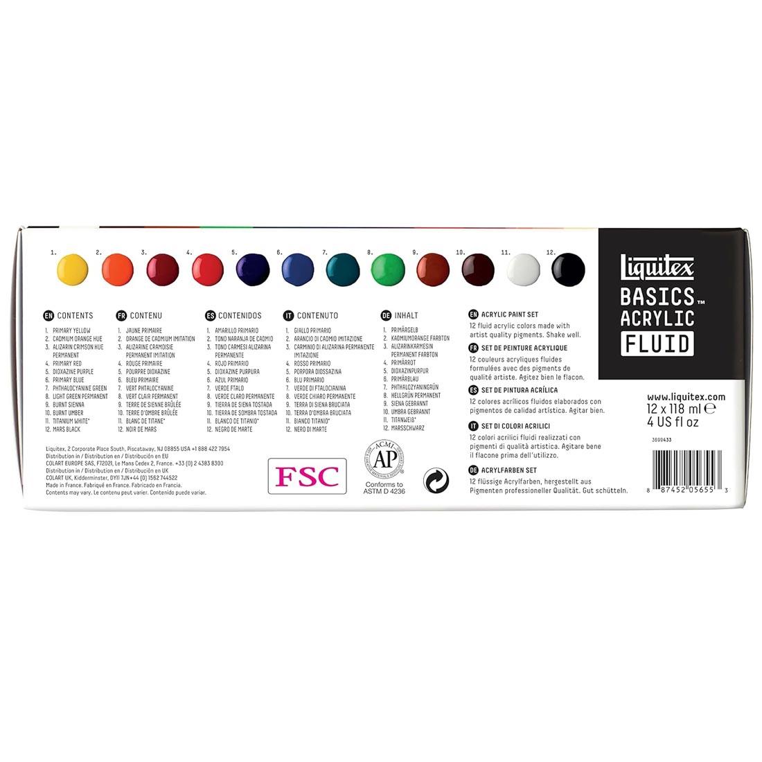 back of package of the Liquitex Basics Acrylic Fluid 12-Color Set