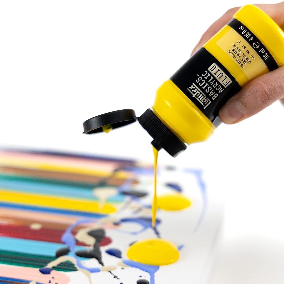 hand squeezing a yellow bottle of Liquitex Basics Acrylic Fluid over a painted canvas