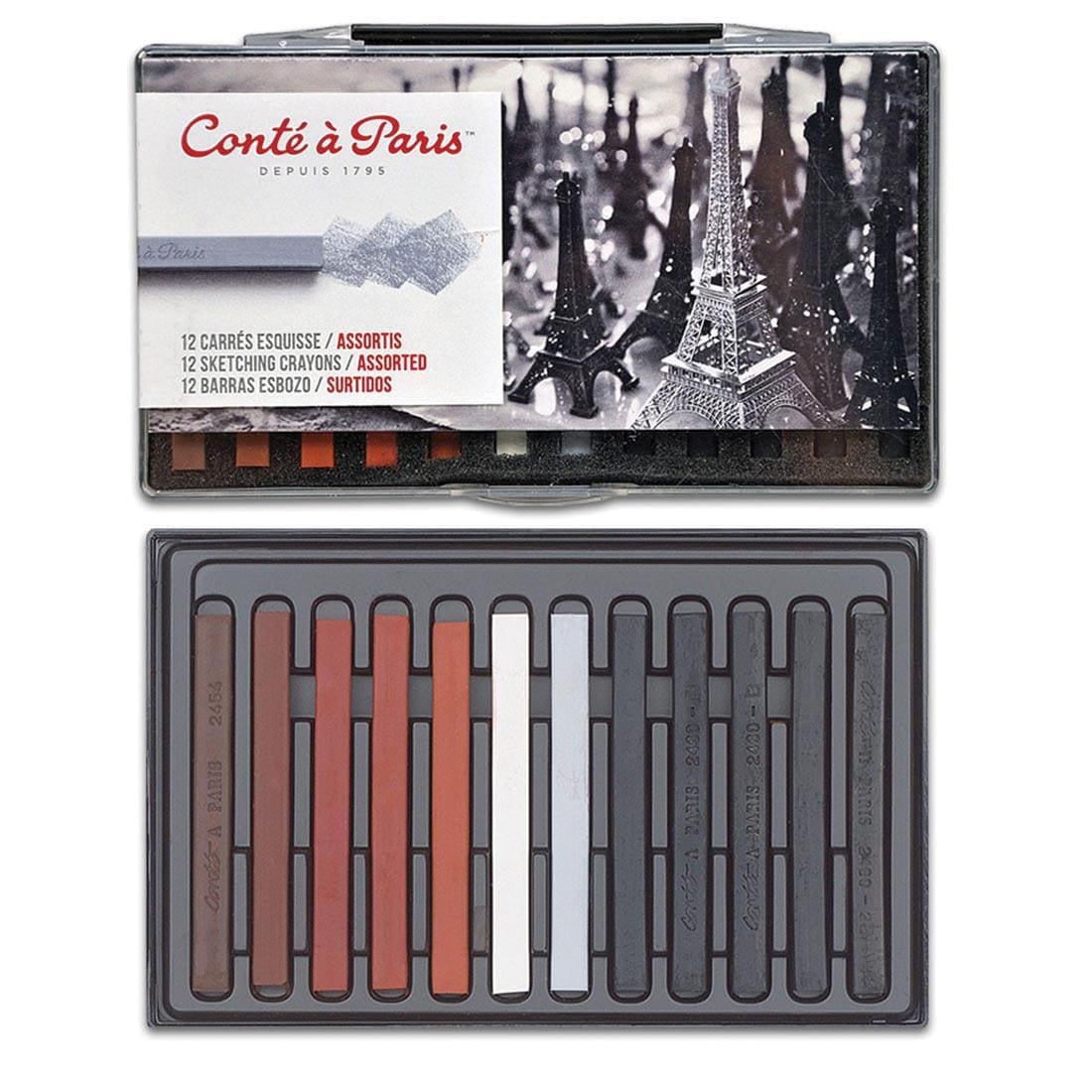 Conte Crayons Black, White & Sanguine 12-Count Set, showing front of package and crayons outside of package
