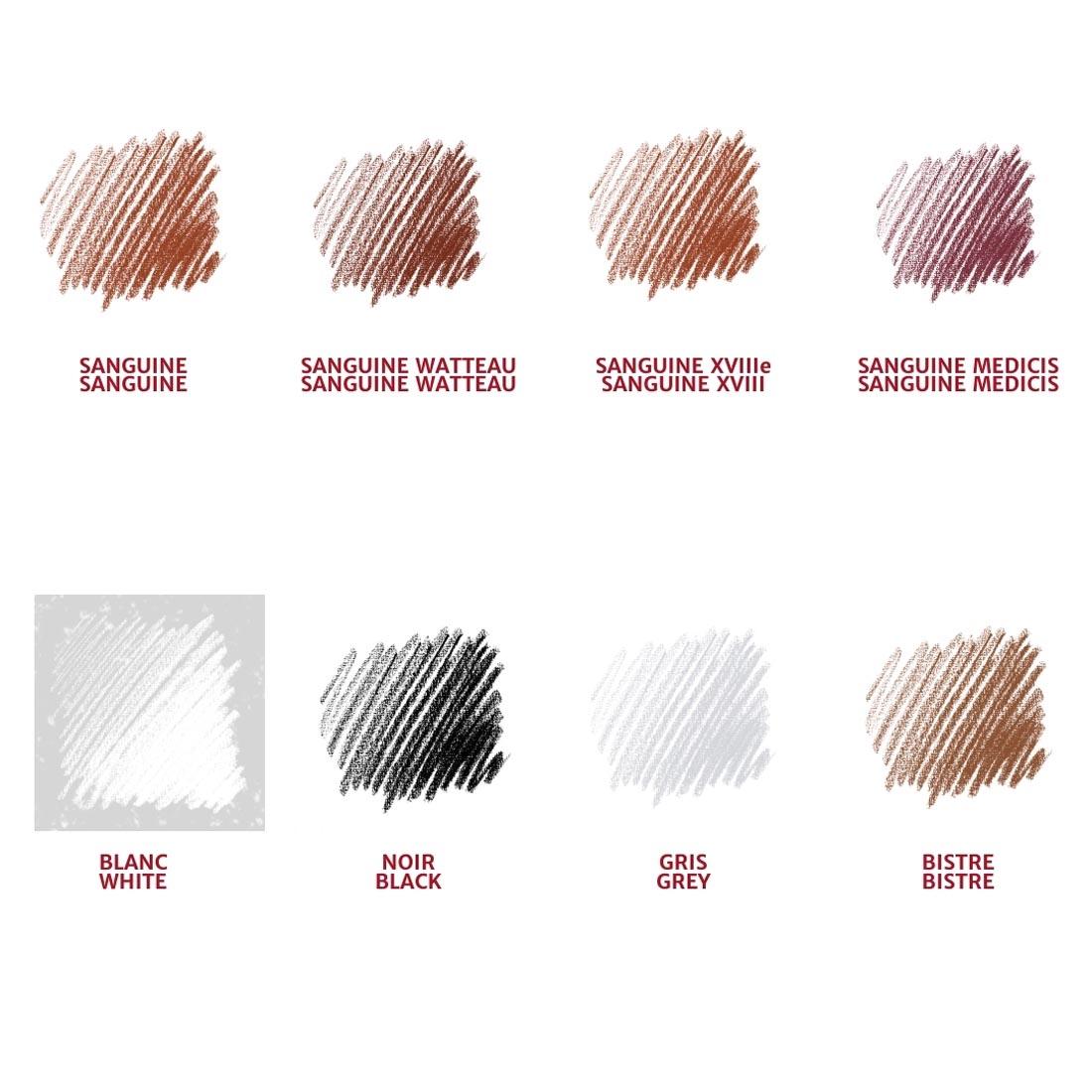 sample swatches of 8 colors in the Conte Crayons Black, White & Sanguine 12-Count Set