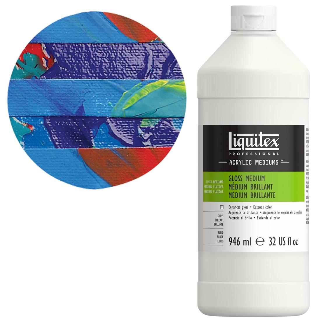 bottle of Liquitex Gloss Medium, quart, with sample swatch in the background