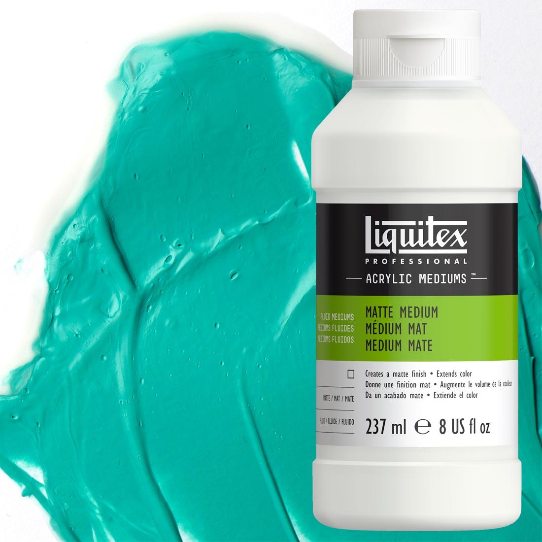 bottle of Liquitex Matte Medium, 8 oz., with sample swatch of paint mixed with medium