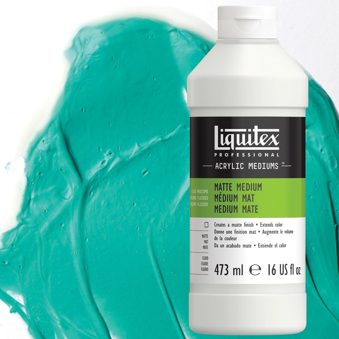 bottle of Liquitex Matte Medium, pint, with sample swatch of paint mixed with medium