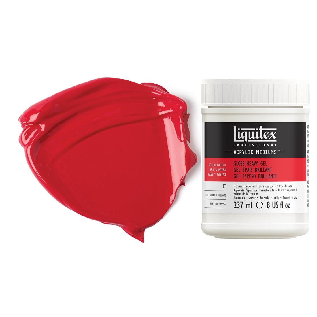 Liquitex Gloss Heavy Gel Medium with sample swatch of paint mixed with medium