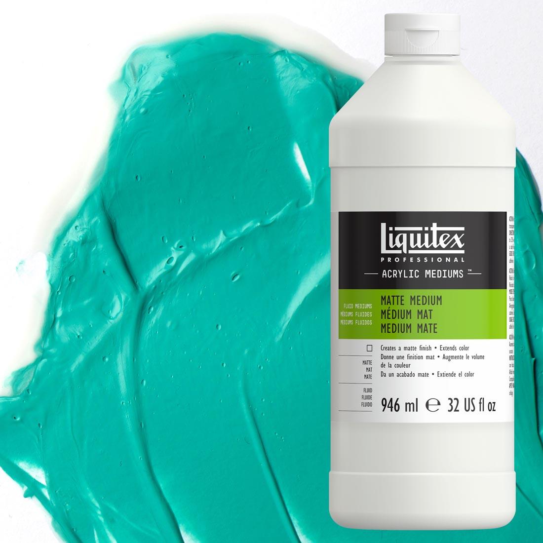 bottle of Liquitex Matte Medium, quart, with sample swatch of paint mixed with medium