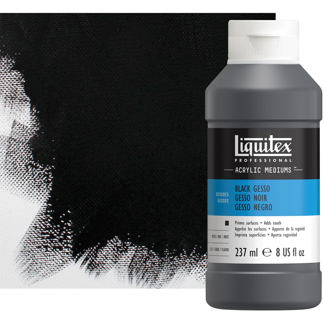 8 oz. bottle of black Liquitex Acrylic Gesso, with sample of product in the background