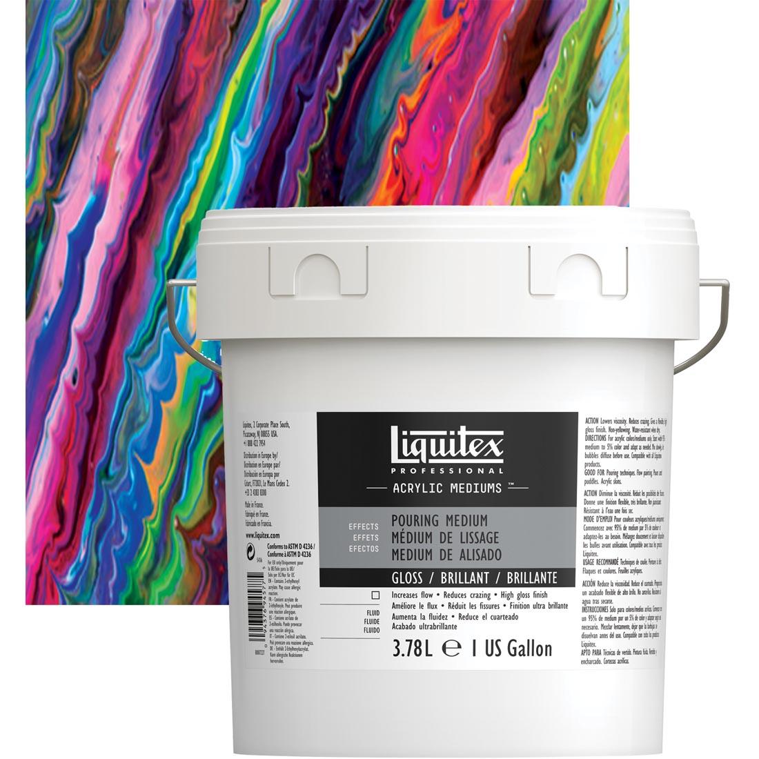 gallon pail of Liquitex Pouring Medium, with sample of artwork in the background