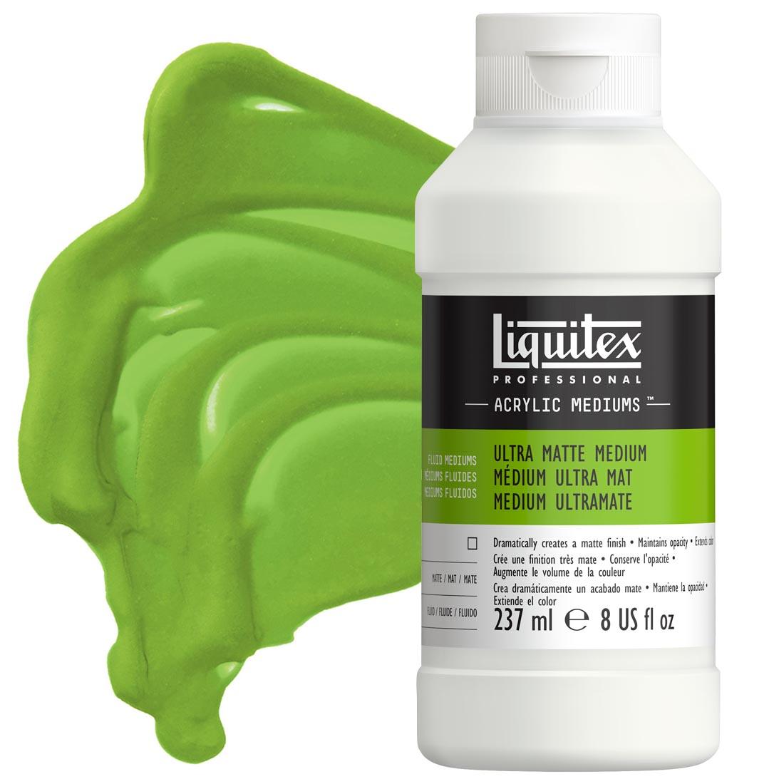 bottle of Liquitex Ultra Matte Medium with sample swatch of product mixed with paint