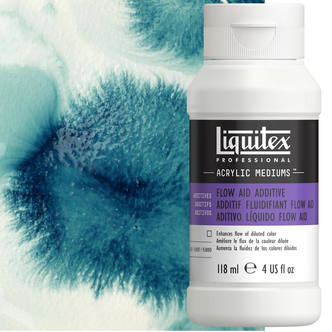 bottle of Liquitex Acrylic Flow Aid Additive with sample artwork in the background