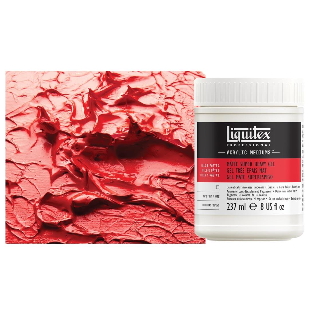 8 oz. jar of Liquitex Matte Super Heavy Gel with sample of product mixed with paint in the background