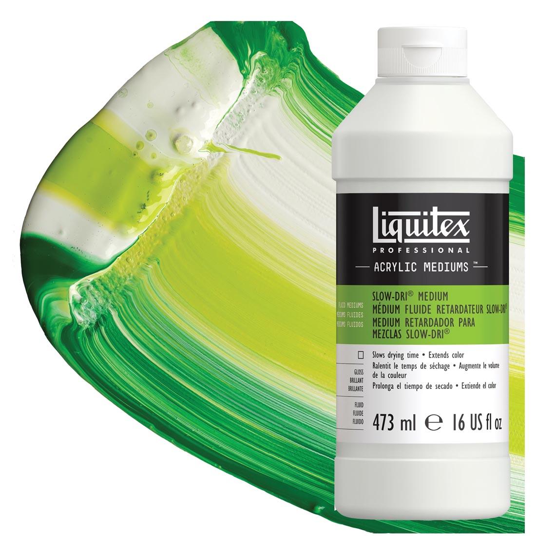 pint bottle of Liquitex Slow-Dri Medium with sample of product mixed with paint