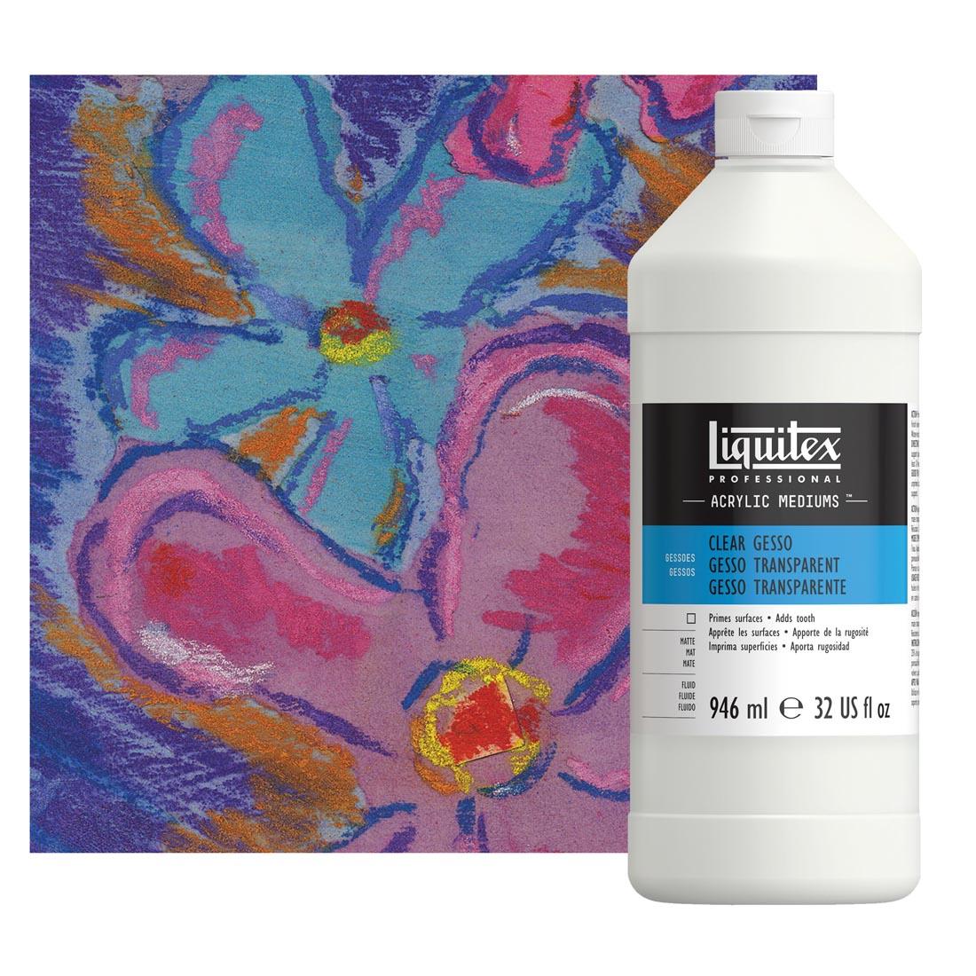 quart bottle of clear Liquitex Acrylic Gesso with sample artwork in the background