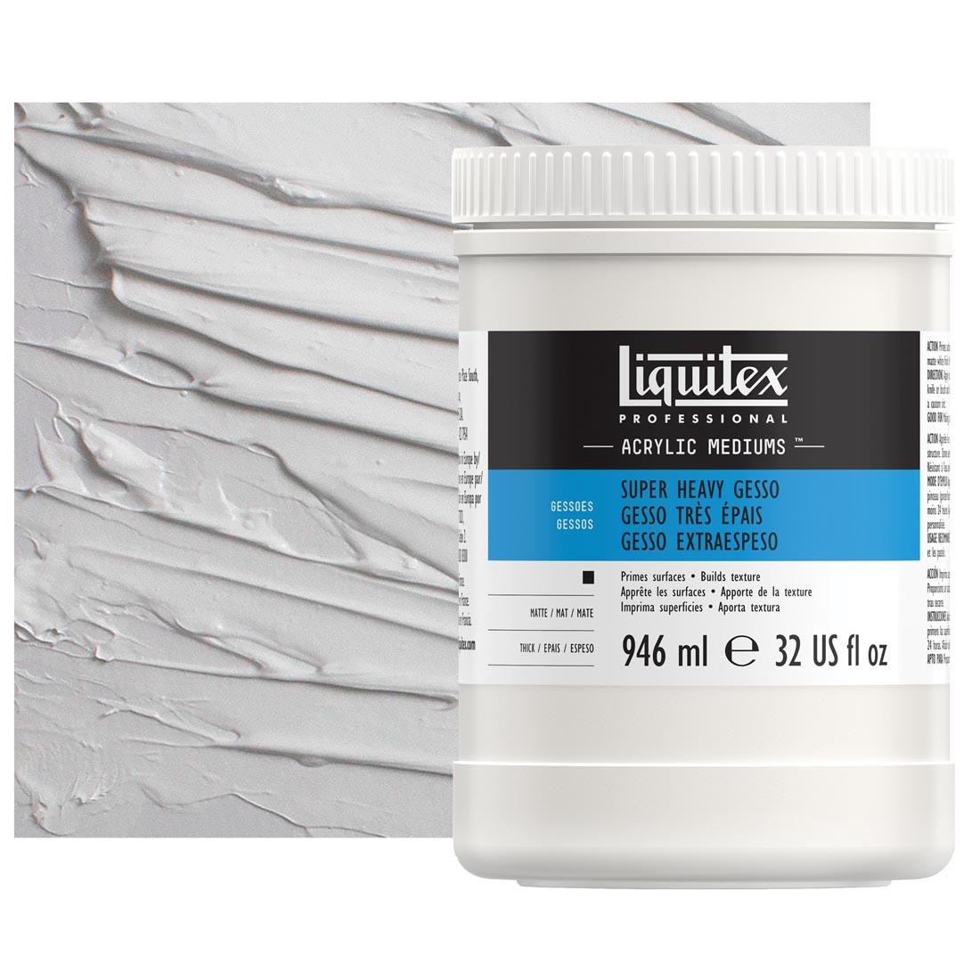 quart bottle of Liquitex Super Heavy Gesso with sample of texture in the background
