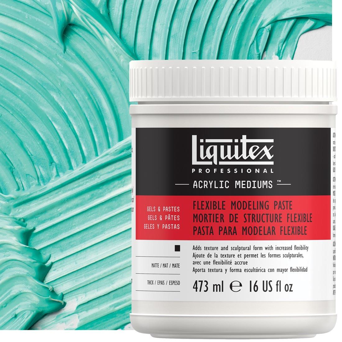 pint jar of Liquitex Flexible Modeling Paste, with sample of product mixed with paint to show texture