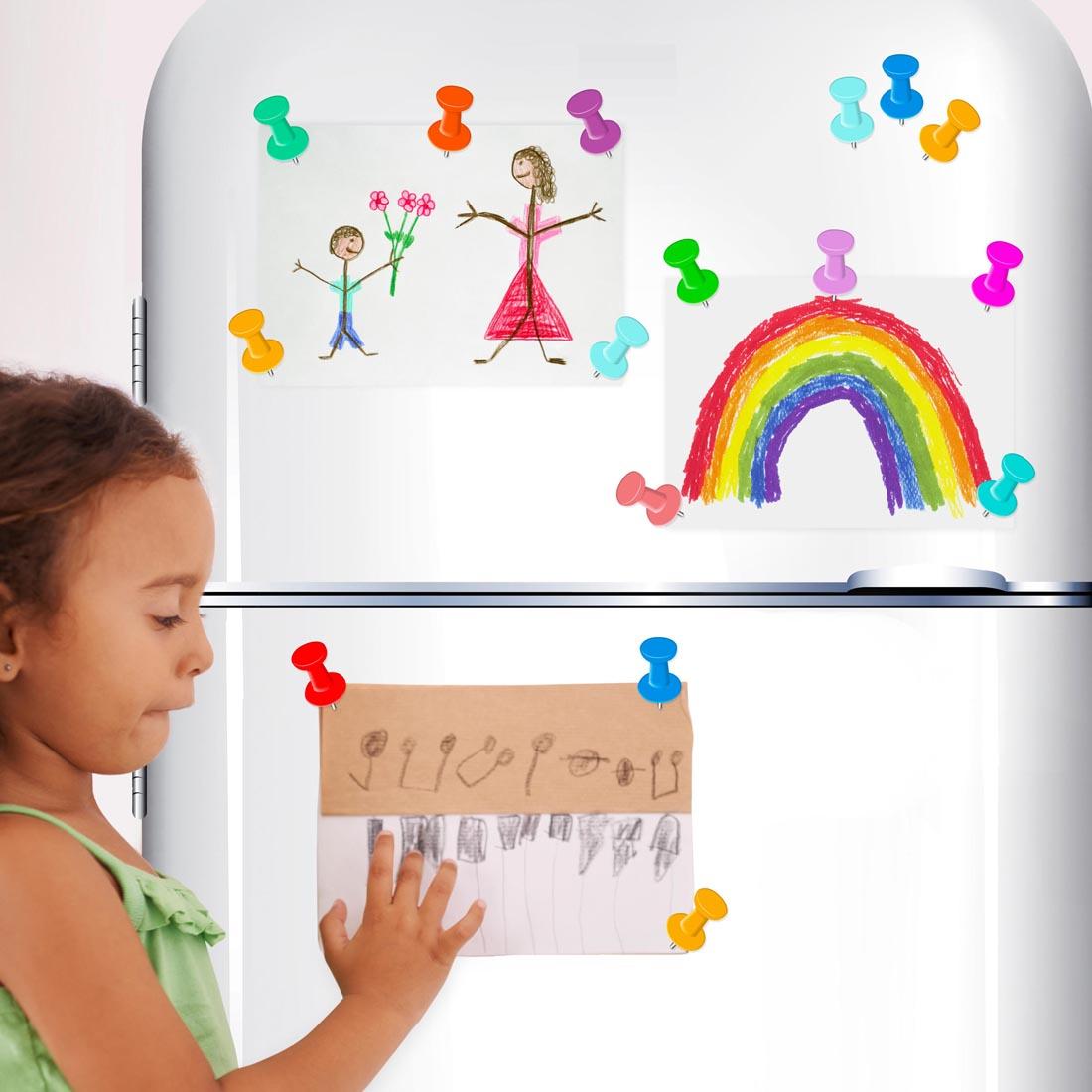 Wallies Push Pins Vinyl Decals shown holding papers on a refrigerator door