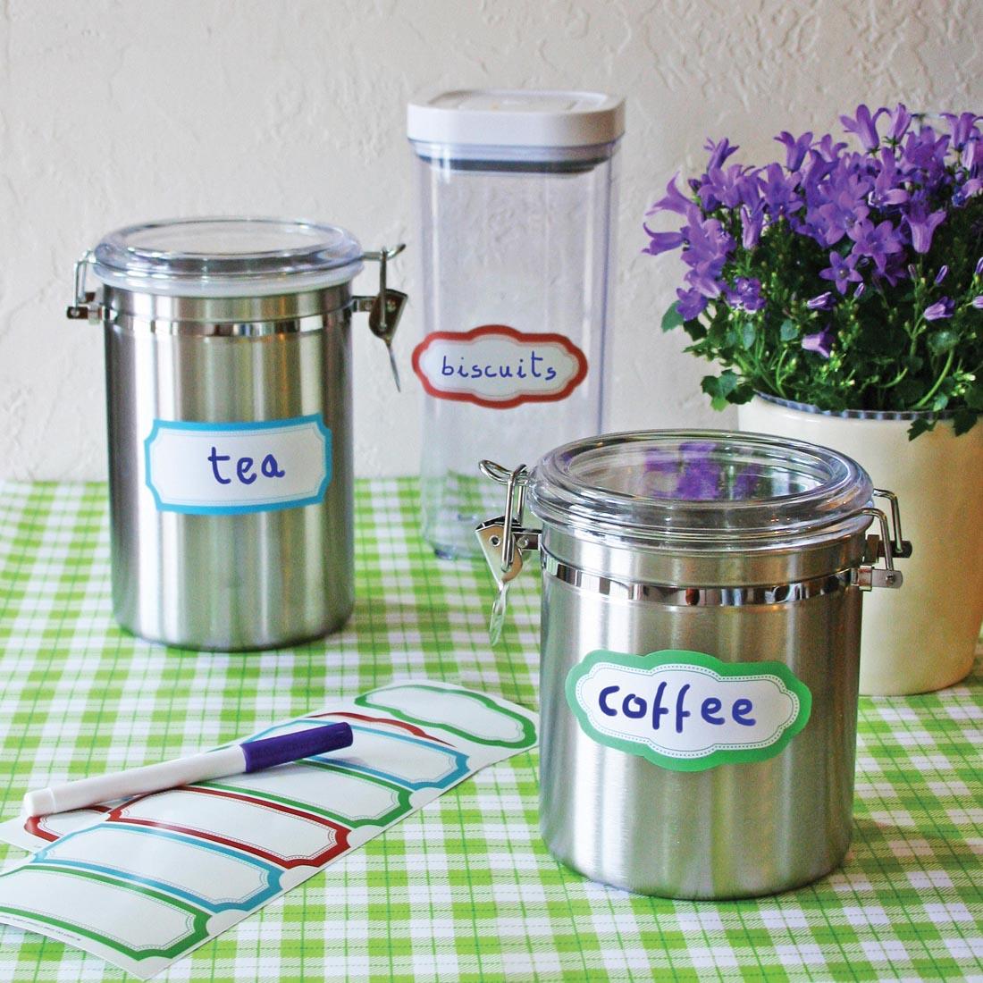 Wallies Dry Erase Colored Labels, shown on 3 jars with contents labeled