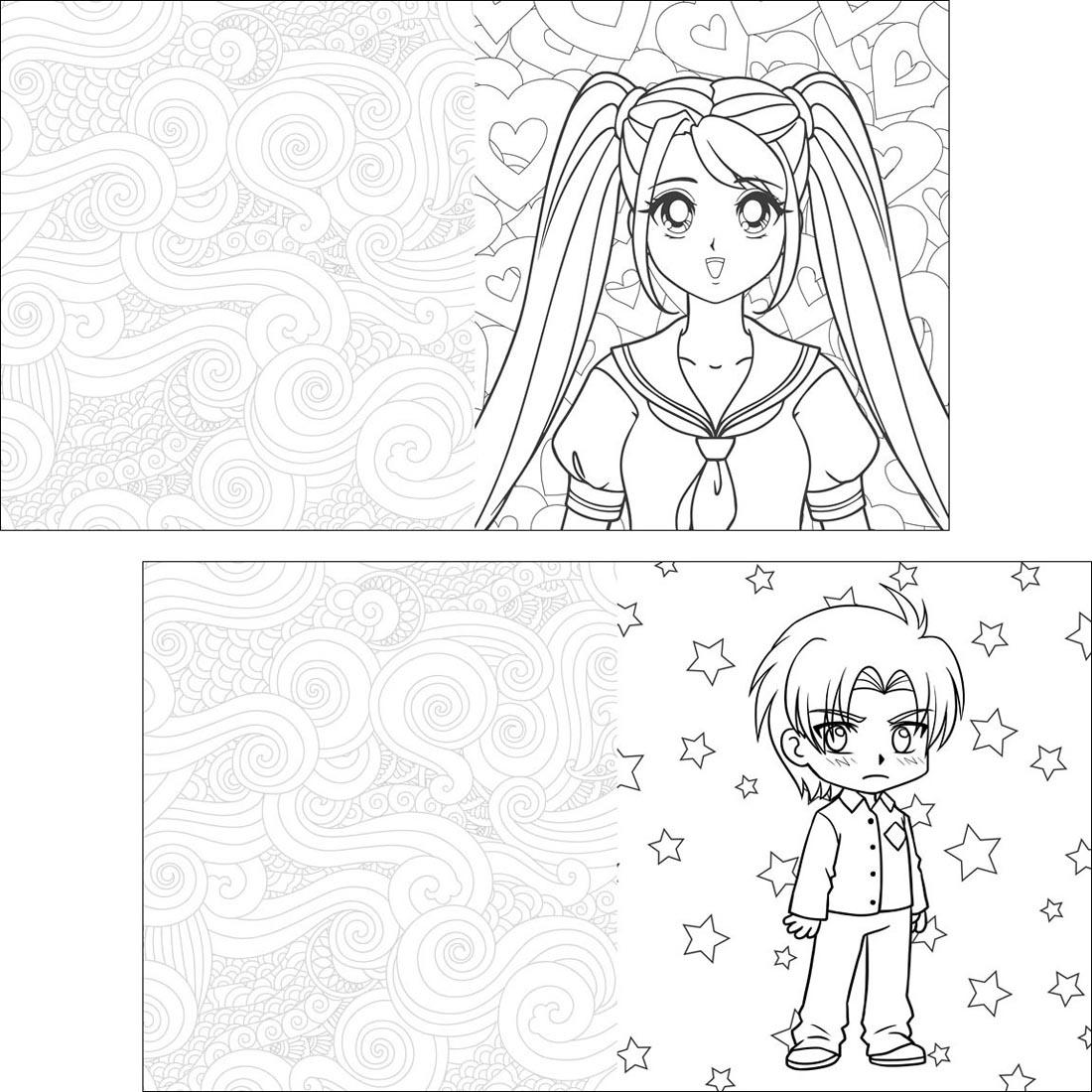 sample coloring pages from Manga & Chibis Coloring Book, showing a girl and a boy