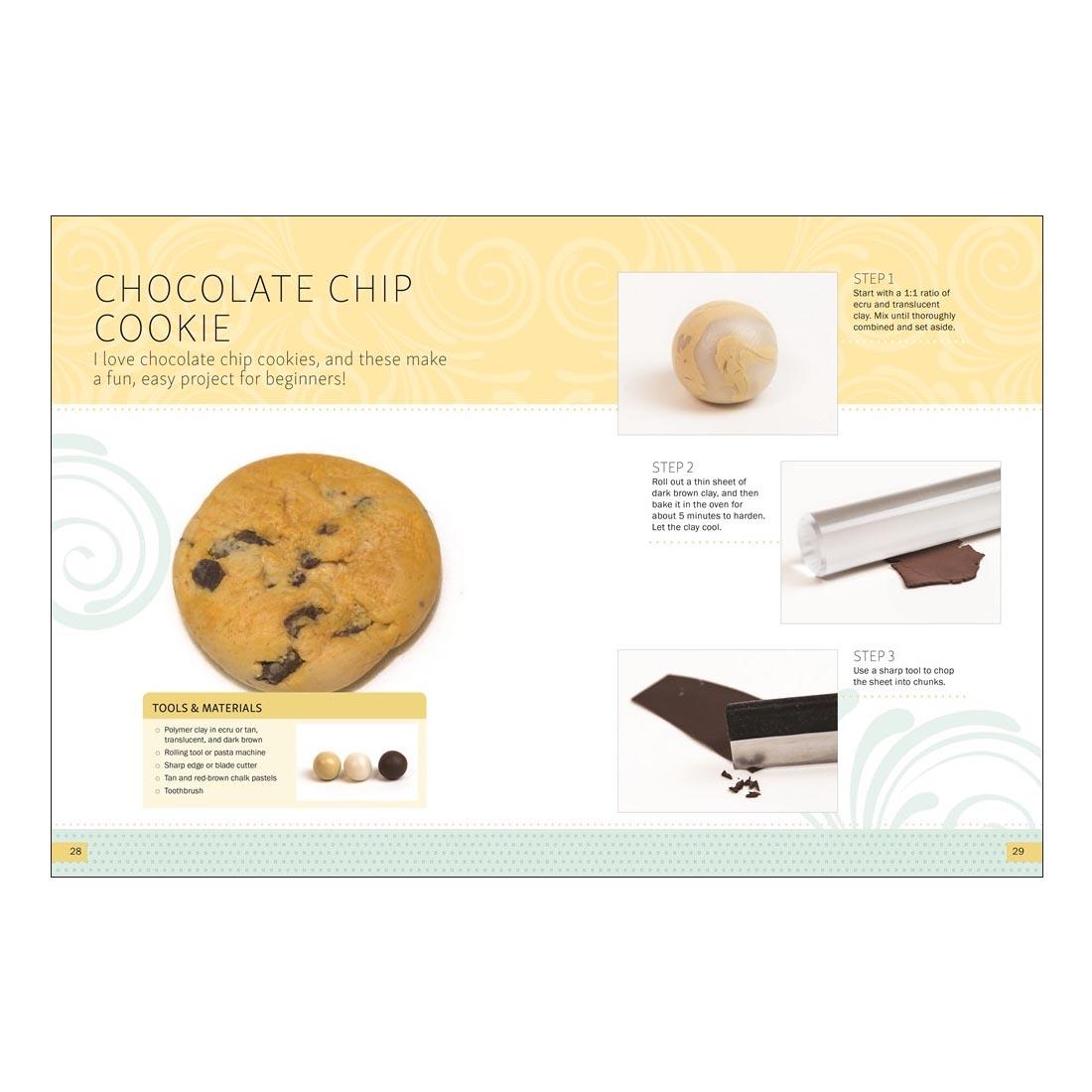 sample pages from Polymer Clay For Beginners, showing steps 1-3 for how to make a chocolate chip cookie