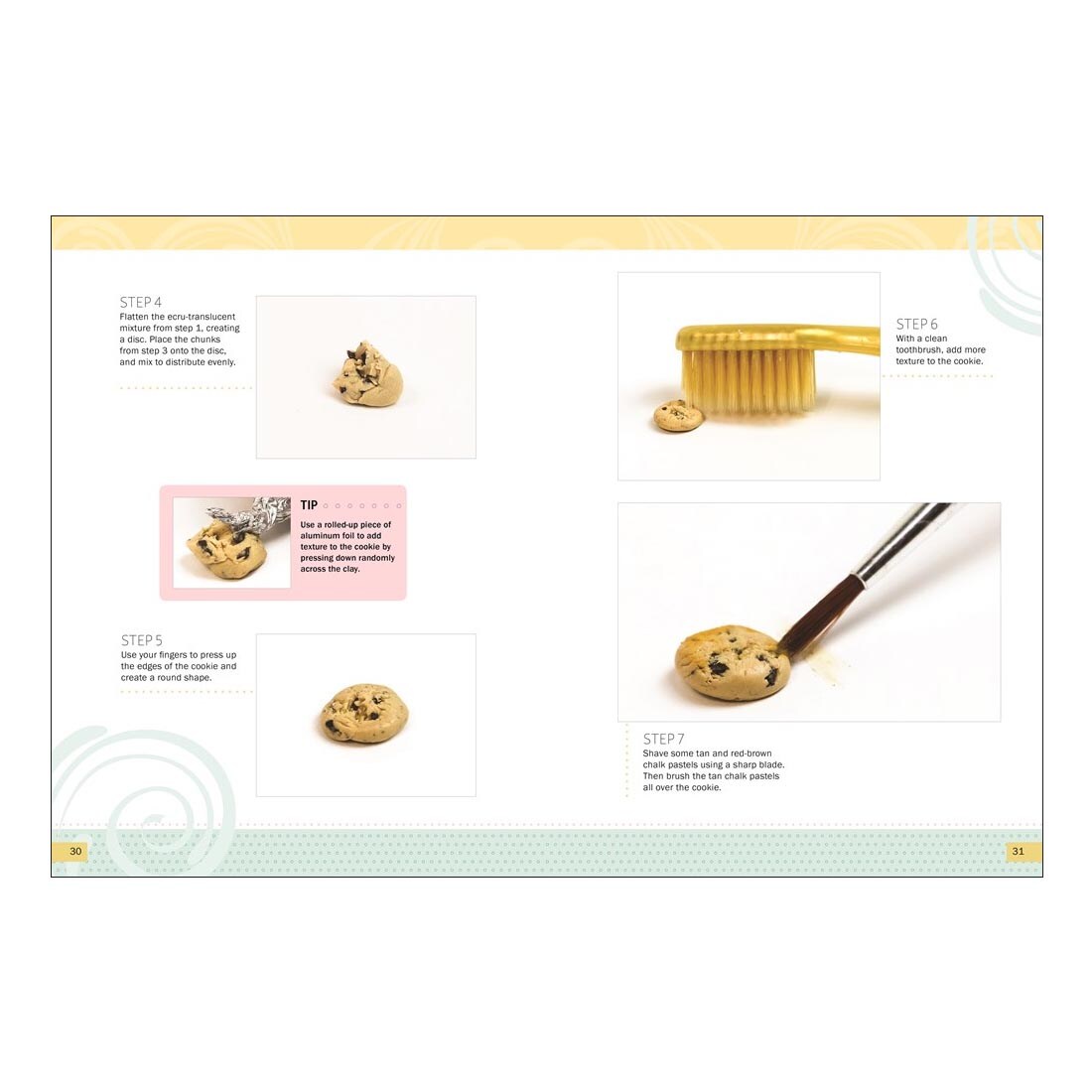 sample pages from Polymer Clay For Beginners, showing steps 4-7 for how to create a chocolate chip cookie