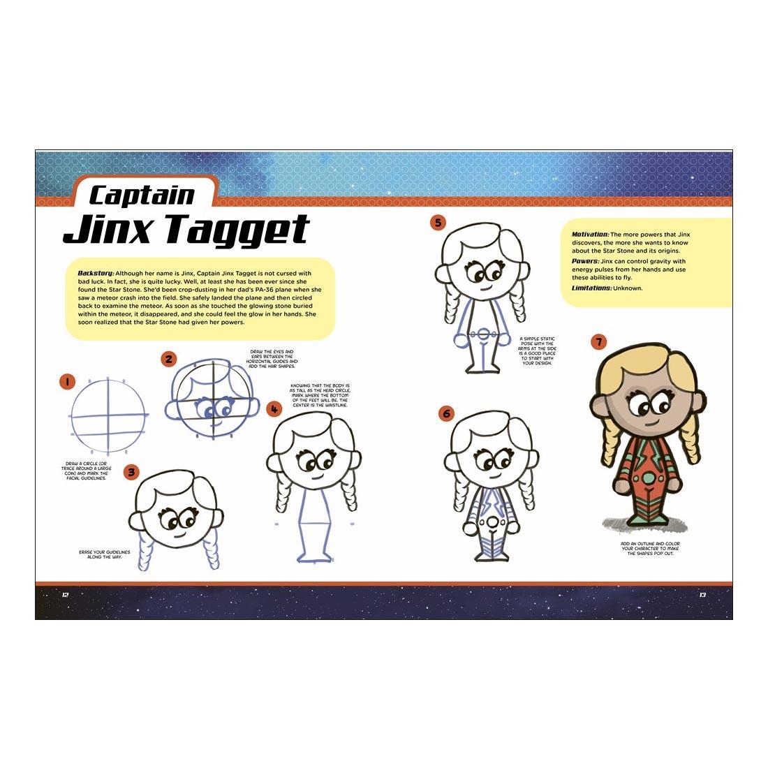 sample pages from Just For Kids Series: You Can Draw Comic Book Characters!, showing how to draw Captain Jinx Tagget