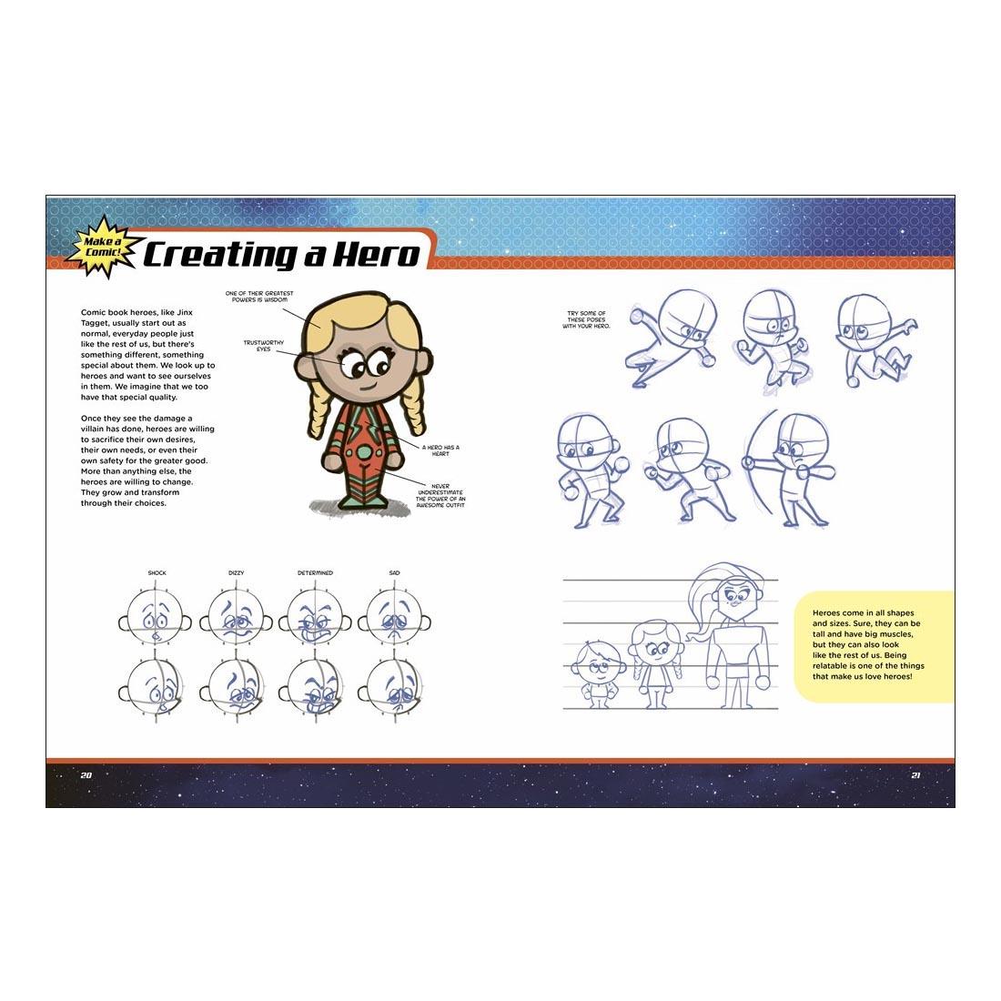 sample pages from Just For Kids Series: You Can Draw Comic Book Characters!, discussing how to create a hero