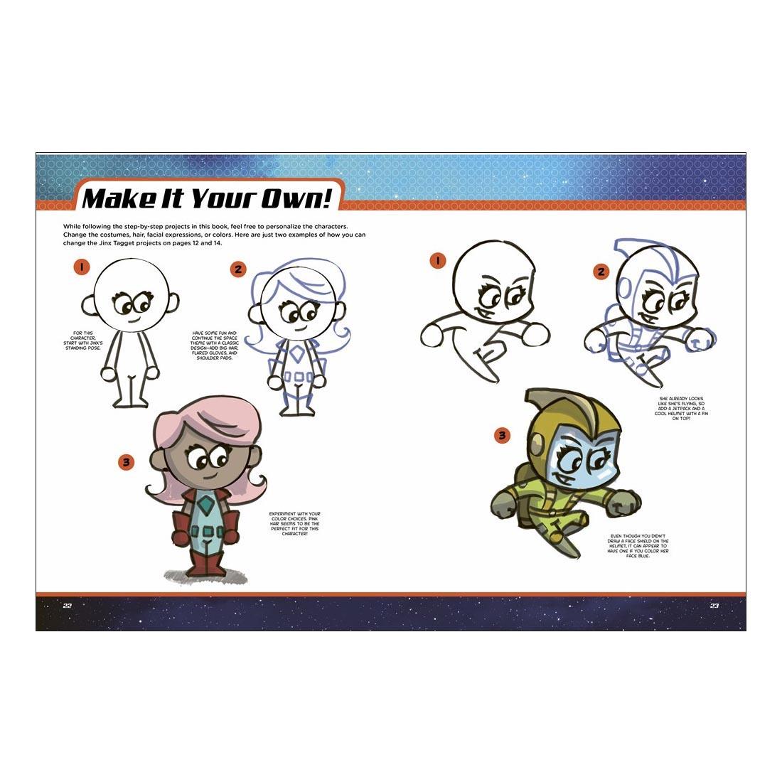 sample pages from Just For Kids Series: You Can Draw Comic Book Characters!, discussing how to make characters your own