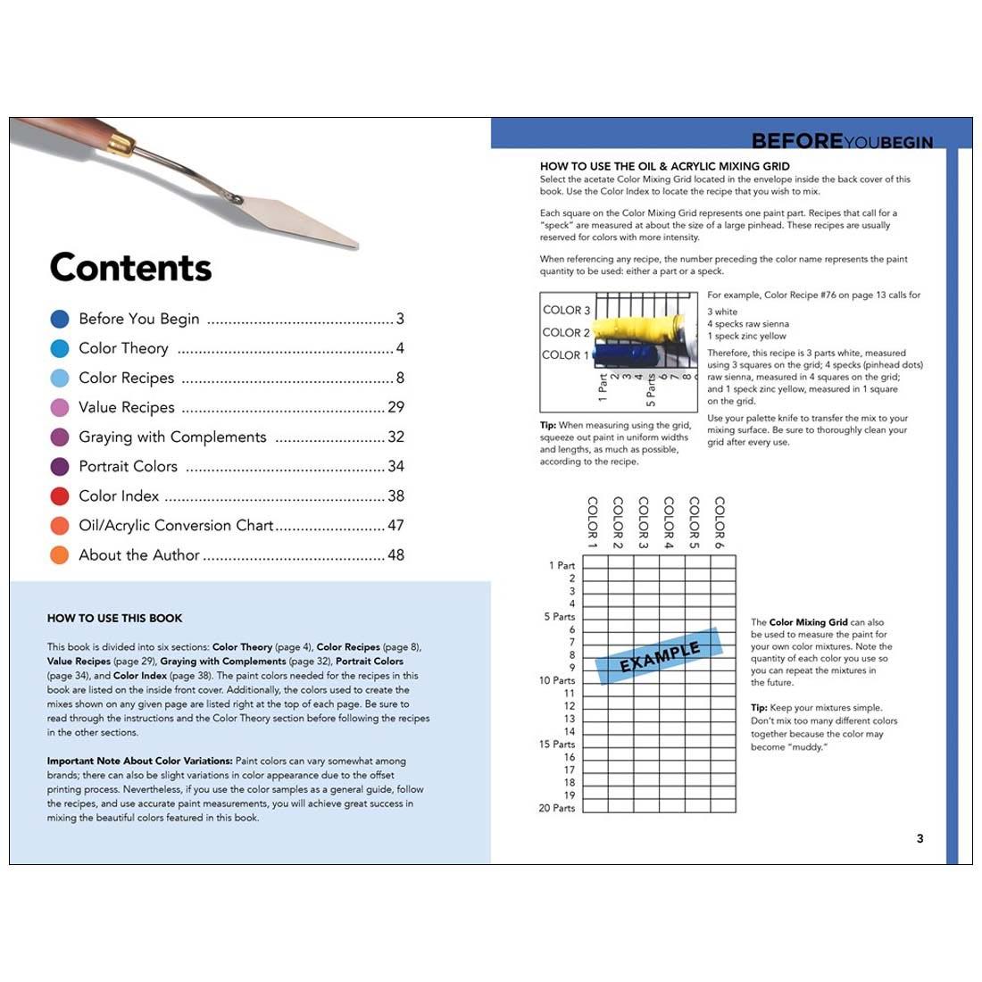 Table of Contents and page 3 of Color Mixing Recipes For Oil And Acrylic