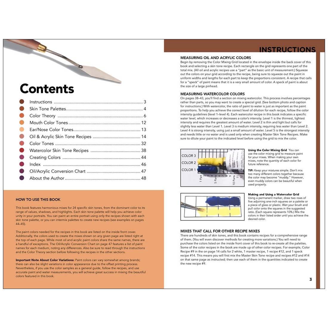 Table of Contents and page 3 of Color Mixing Recipes For Portraits