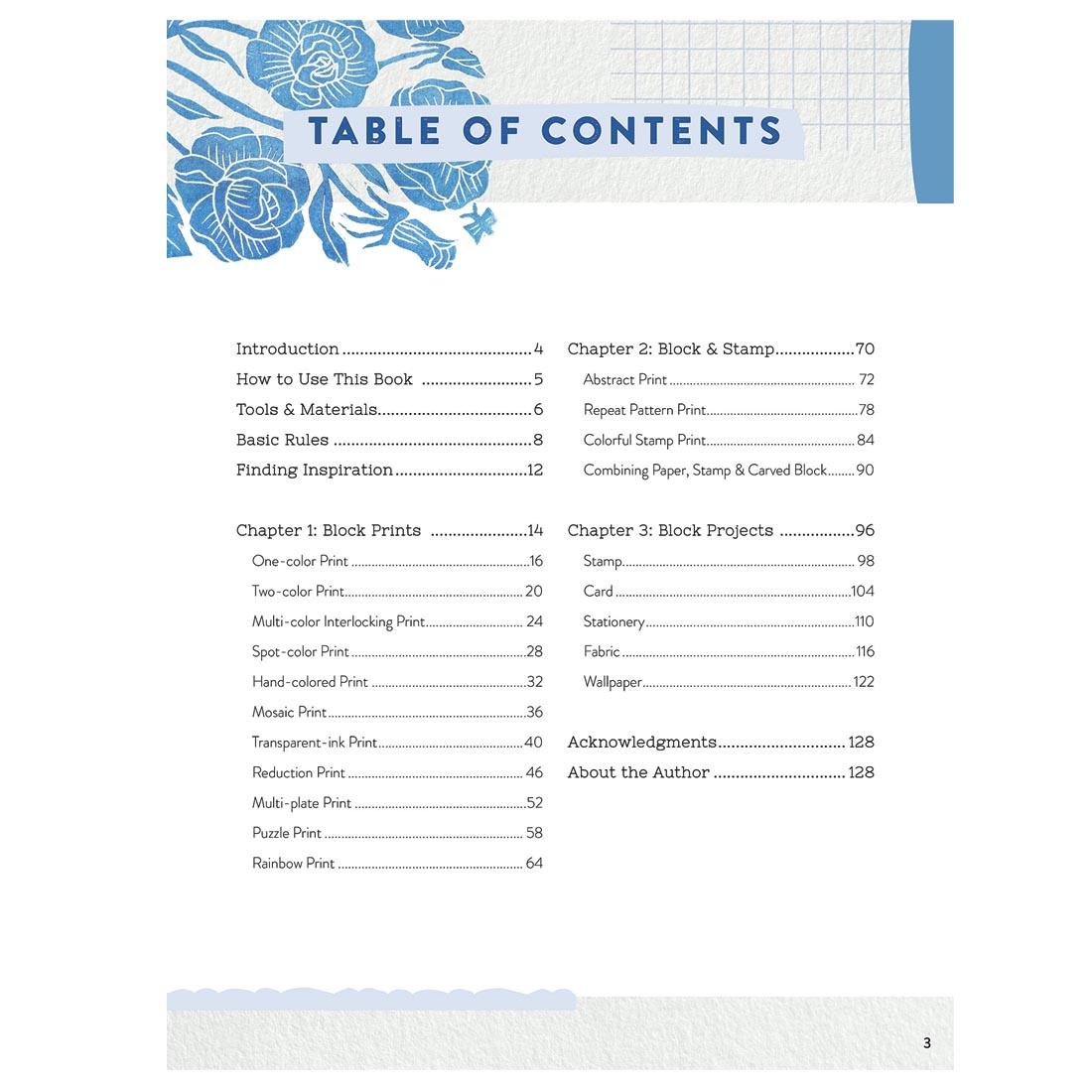 table of contents from Block Print For Beginners