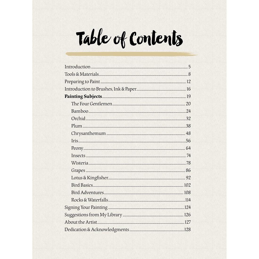 table of contents from Mindful Artist: Sumi-E Painting